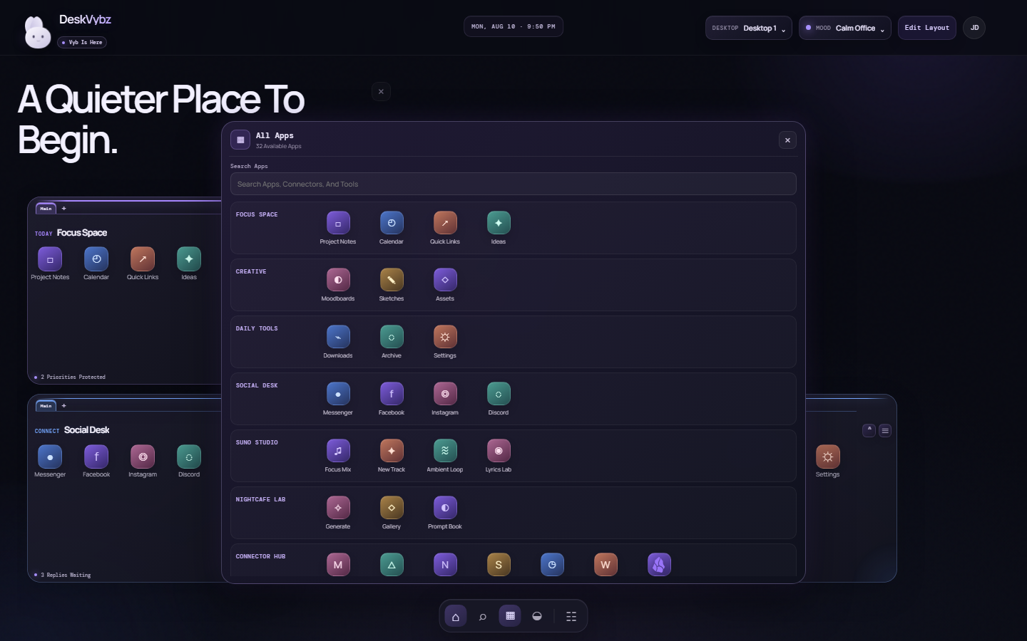 The DeskVybz all apps drawer shows categorized application icons.