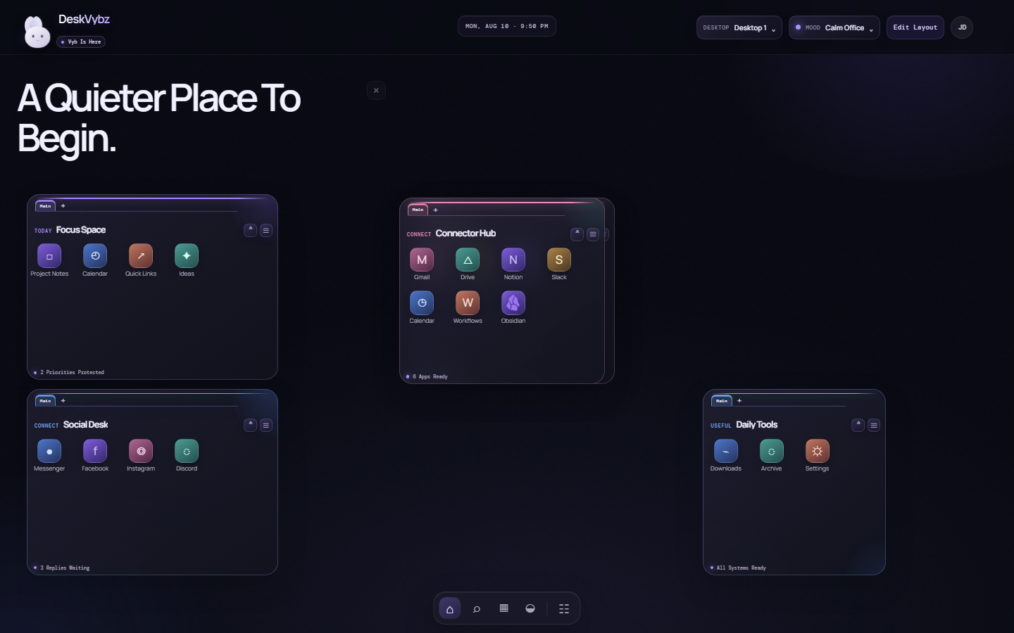The DeskVybz prototype desktop canvas with icon-group cards.