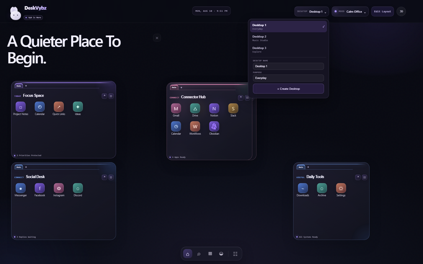 The DeskVybz desktop selector with desktop name and purpose controls.